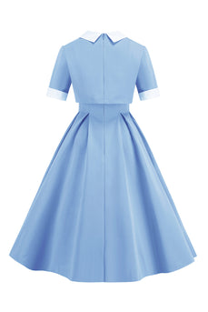 Niebieski kołnierzyk Piotruś Pan Dwuczęściowa sukienka midi vintage 1950 z guzikami