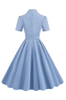 Niebieska Linia A Lapel Vintage 1950 Sukienka Z Guzikami