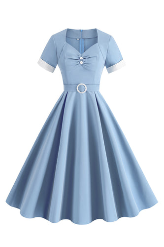 Niebieska sukienka A Line Vintage 1950 z paskiem
