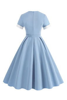 Niebieska sukienka A Line Vintage 1950 z paskiem