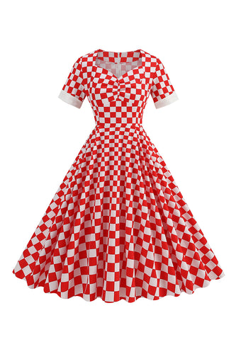 Sukienka w czerwoną kratę w stylu vintage z lat 1950. z krótkimi rękawami