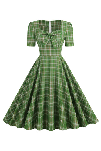 Zielona Kokardka Z Krótkim Rękawem W Kratę Sukienka 1950s Vintage