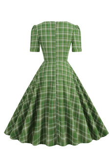 Zielona Kokardka Z Krótkim Rękawem W Kratę Sukienka 1950s Vintage