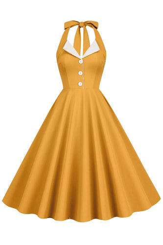 Halter Żółta Plisowana Sukienka W Stylu Vintage