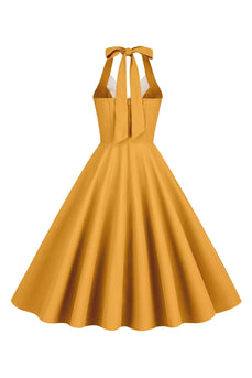 Halter Żółta Plisowana Sukienka W Stylu Vintage