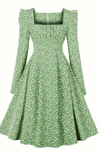 Linia Kwadratowy Dekolt Zielony Vintage Sukienka Z Długimi Rękawami