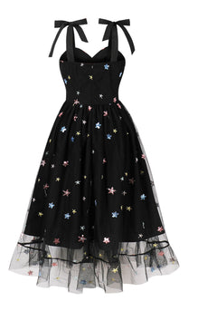 Czarna sukienka Pin Up 1950 w kształcie litery A z gwiazdami