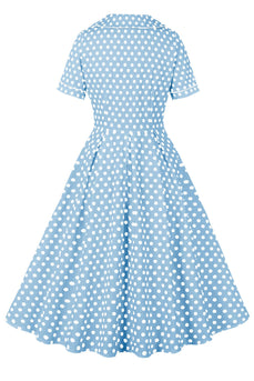 Niebieski Dekolt Z Klapami W Kropki Vintage Sukienka Z Krótkimi Rękawami