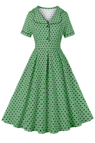 Zielony Dekolt Klapy W Kropki Vintage Sukienka Z Krótkim Rękawem