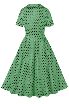 Zielony Dekolt Klapy W Kropki Vintage Sukienka Z Krótkim Rękawem