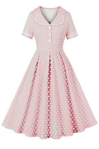 Dekolt z klapami Różowa sukienka w kropki vintage z krótkim rękawem