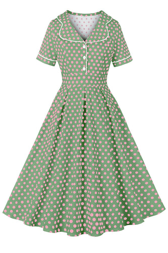 Różowa Zielona Klapa Dekolt Kropki Vintage Sukienka Z Krótkimi Rękawami