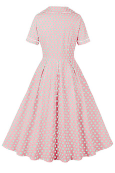 Dekolt z klapami Różowa sukienka w kropki vintage z krótkim rękawem