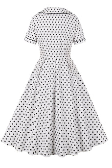 Biała Klapa Dekolt Kropki Vintage Sukienka Z Krótkimi Rękawami