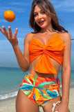 Pomarańczowa Plaża Wakacje Tropikalne rośliny Nadruk Przód Bikini Zestaw