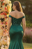 Ciemnozielona syrena z odkrytymi ramionami, długa satynowa sukienka na bal plus size z rozcięciem
