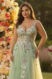 Zielona sukienka na bal z długim gorsetem z tiulem w formie Green A Line z dodatkiem do plus size