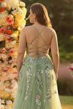 Zielona sukienka na bal z długim gorsetem z tiulem w formie Green A Line z dodatkiem do plus size