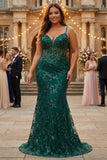 Błyszcząca, ciemnozielona gorsetowa syrena z cekinami długa sukienka na bal plus size