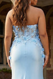 Bezramiączkowa syrena w kolorze niebieska, satynowa plus size długa sukienka na studniówkę z kwiatami 3D