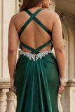 Ciemnozielona sukienka na bal plus size z satynowym korsetem na halę z otwartymi plecami