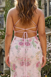 Różowa sukienka na bal w kwiaty z cekinami plus size z długą koronką na plecach