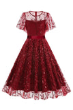 Morelowy Z Cekinami Liść Haftowana Siatkowa Nakładka Elegancka Sukienka W Stylu Vintage