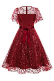 Morelowy Z Cekinami Liść Haftowana Siatkowa Nakładka Elegancka Sukienka W Stylu Vintage