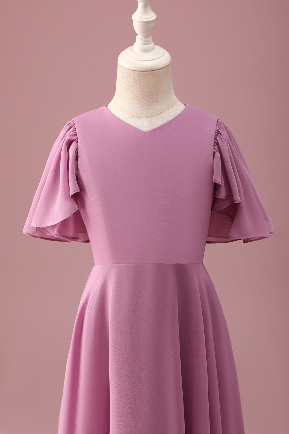 Vintage Mauve A Line Ruched Szyfonowa Młodsza Sukienka Druhny Z Krótkimi Rękawami
