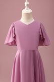 Vintage Mauve A Line Ruched Szyfonowa Młodsza Sukienka Druhny Z Krótkimi Rękawami