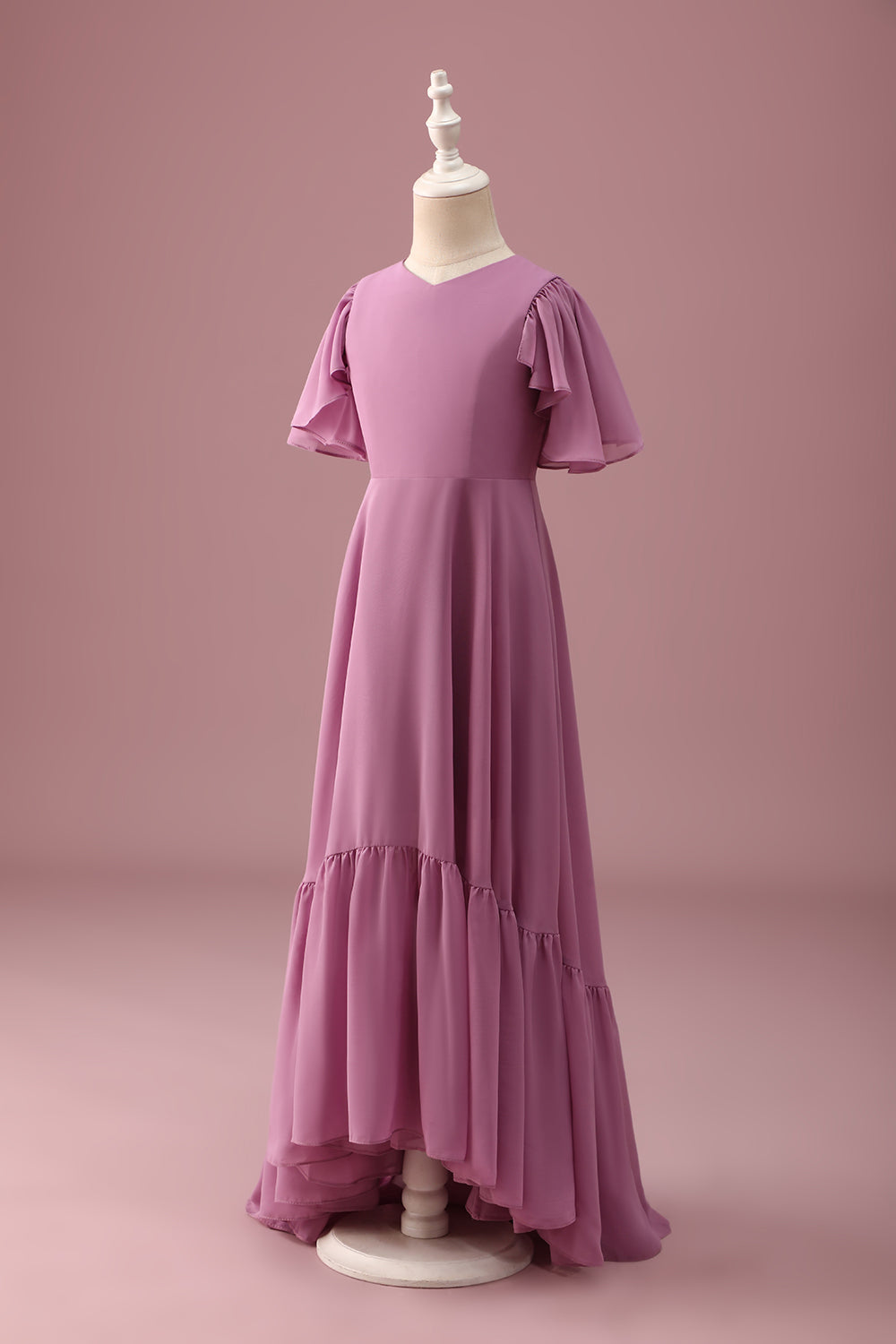 Vintage Mauve A Line Ruched Szyfonowa Młodsza Sukienka Druhny Z Krótkimi Rękawami