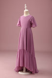 Vintage Mauve A Line Ruched Szyfonowa Młodsza Sukienka Druhny Z Krótkimi Rękawami