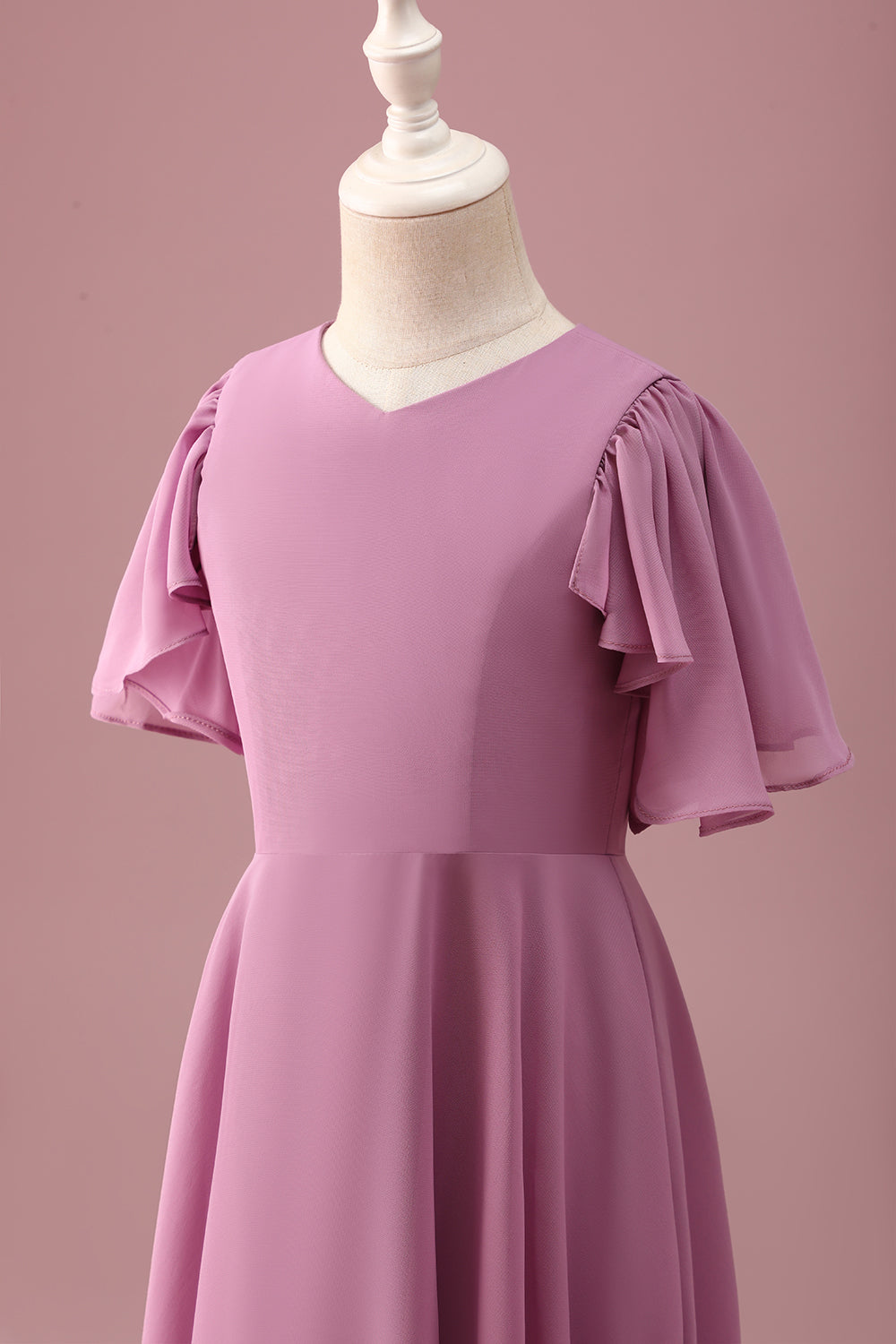 Vintage Mauve A Line Ruched Szyfonowa Młodsza Sukienka Druhny Z Krótkimi Rękawami