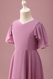 Vintage Mauve A Line Ruched Szyfonowa Młodsza Sukienka Druhny Z Krótkimi Rękawami