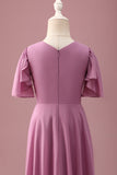 Vintage Mauve A Line Ruched Szyfonowa Młodsza Sukienka Druhny Z Krótkimi Rękawami