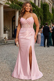 Różowa sukienka na bal w stylu Spaghetti Pink Mermaid Spaghetti Kwiatowa sukienka na bal plus size z rozcięciem