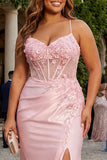 Różowa sukienka na bal w stylu Spaghetti Pink Mermaid Spaghetti Kwiatowa sukienka na bal plus size z rozcięciem