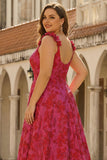 Fuksjowe kwiatowe żakardowe ramiączka A-line Spaghetti Długa sukienka na bal plus size z rozcięciem