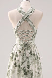 Zielona Kwiatowa A-Line Print Długa suknia dla druhen z marszczami