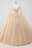 Princess Champagne Off the Shoulder Cape Rękawy Tiulowa sukienka Quinceanera z aplikacjami