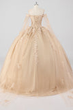 Princess Champagne Off the Shoulder Cape Rękawy Tiulowa sukienka Quinceanera z aplikacjami