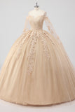 Princess Champagne Off the Shoulder Cape Rękawy Tiulowa sukienka Quinceanera z aplikacjami