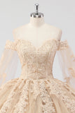 Princess Champagne Off the Shoulder Cape Rękawy Tiulowa sukienka Quinceanera z aplikacjami