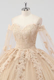 Princess Champagne Off the Shoulder Cape Rękawy Tiulowa sukienka Quinceanera z aplikacjami