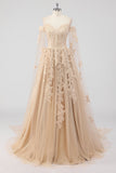 Princess Champagne Off the Shoulder Cape Rękawy Tiulowa sukienka Quinceanera z aplikacjami