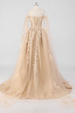 Princess Champagne Off the Shoulder Cape Rękawy Tiulowa sukienka Quinceanera z aplikacjami