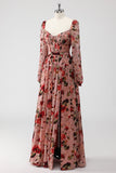 Dusty Rose Floral Gorset A Line Długie Rękawy Sukienka Dla Gości Weselnych Z Rozcięciem