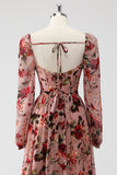 Dusty Rose Floral Gorset A Line Długie Rękawy Sukienka Dla Gości Weselnych Z Rozcięciem