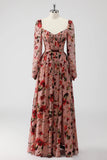 Dusty Rose Floral Gorset A Line Długie Rękawy Sukienka Dla Gości Weselnych Z Rozcięciem