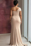 Jednoramionowa pochwa, jasna, plisowana khaki w długiej, długiej formalnej sukience w rozmiarze plus size